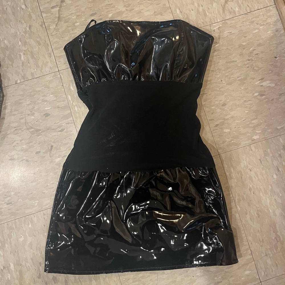 Elegant Moments Leather Shiny Black Strapless Dress